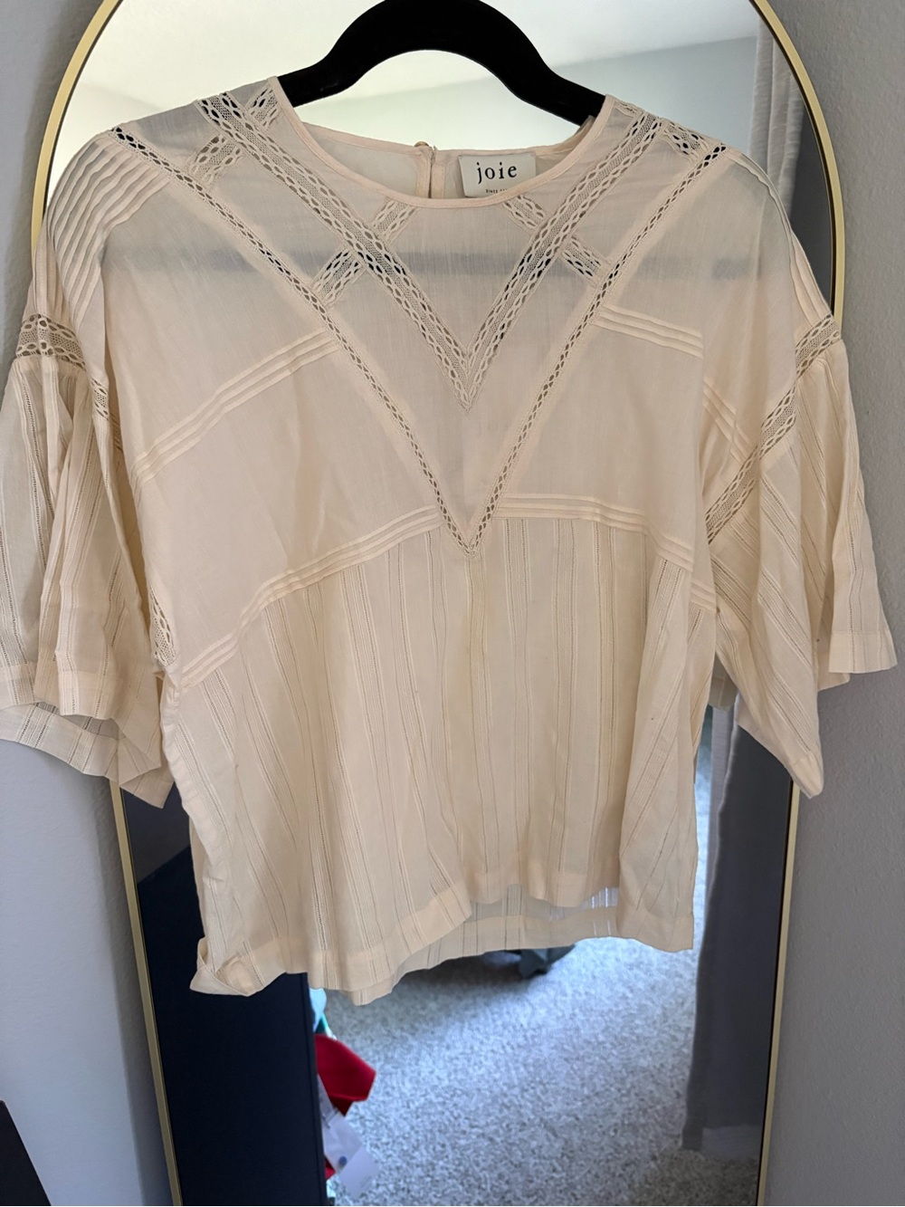 Joie Ivory Lace-Trim Pleated Short-Sleeve Blouse